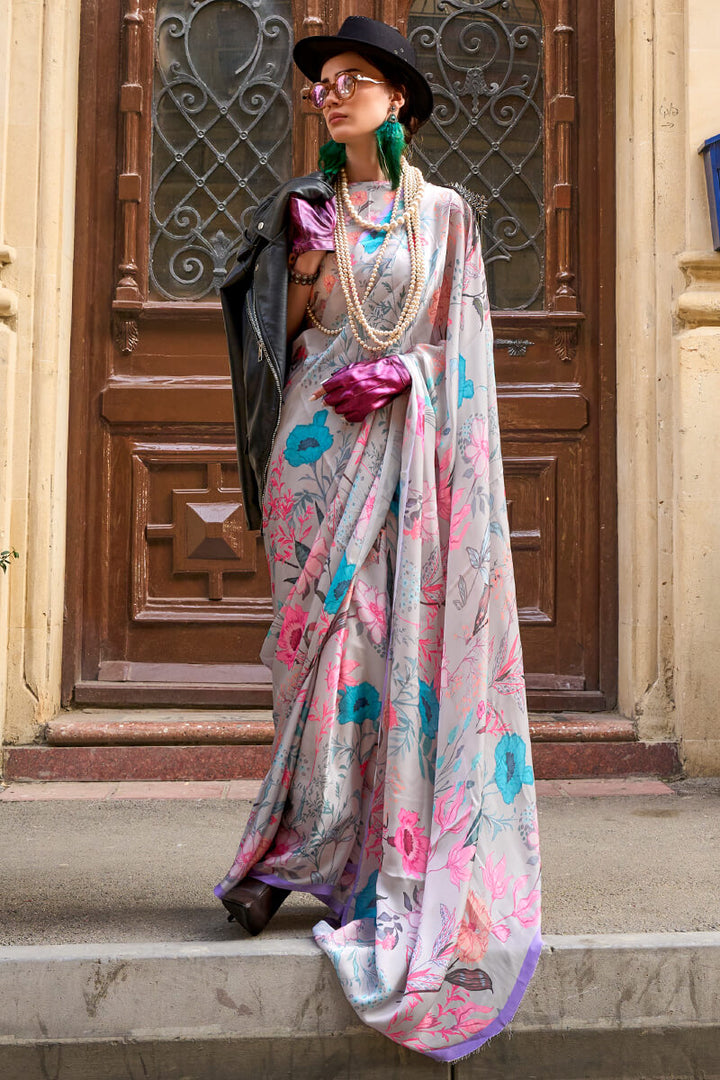 Metallic Grey Printed Satin Georgette Silk Saree