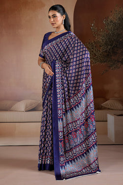 Meteorite Blue Ajrakh Printed Satin Crepe Silk Saree