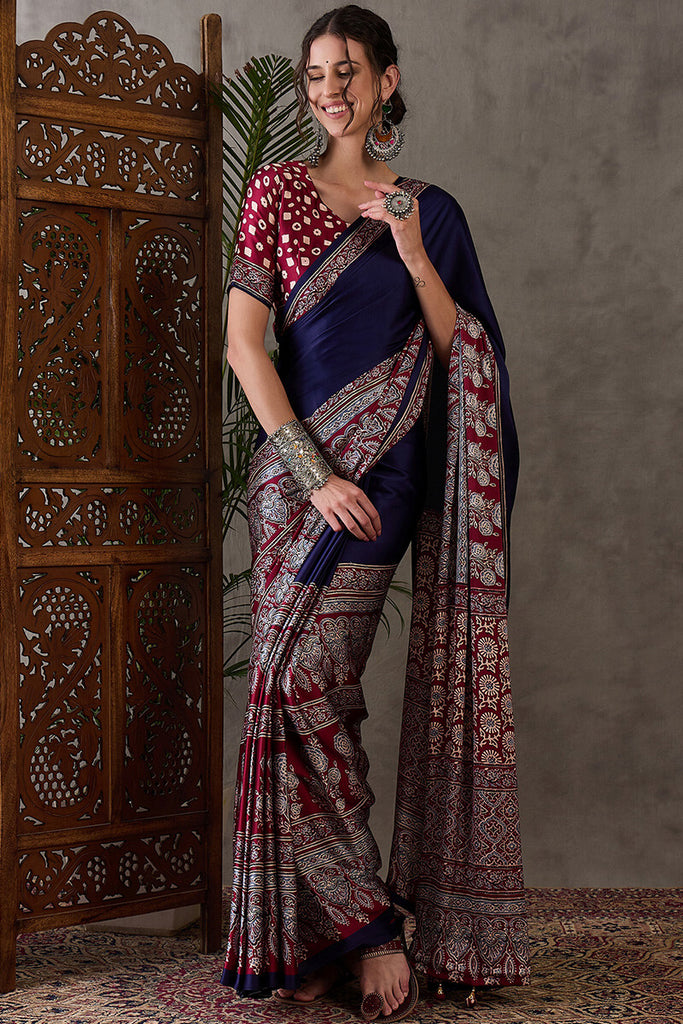 Meteorite Blue Ajrakh Printed Satin Silk Saree