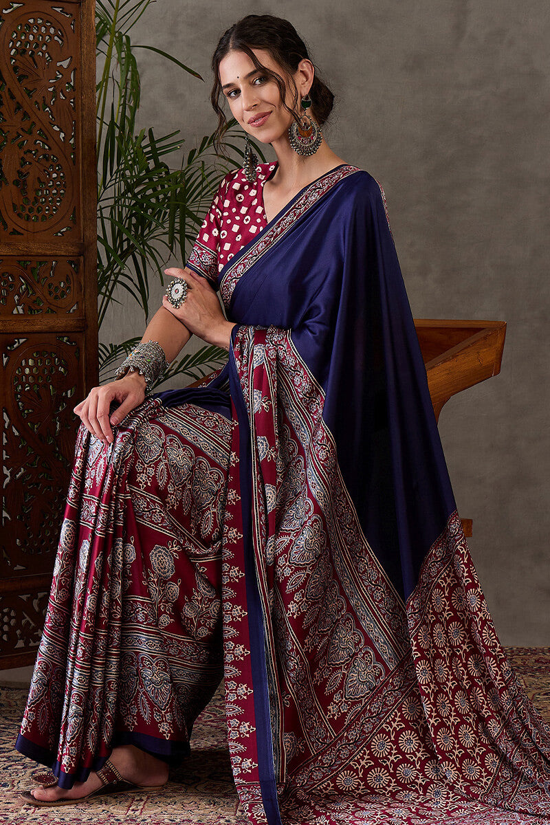 Meteorite Blue Ajrakh Printed Satin Silk Saree