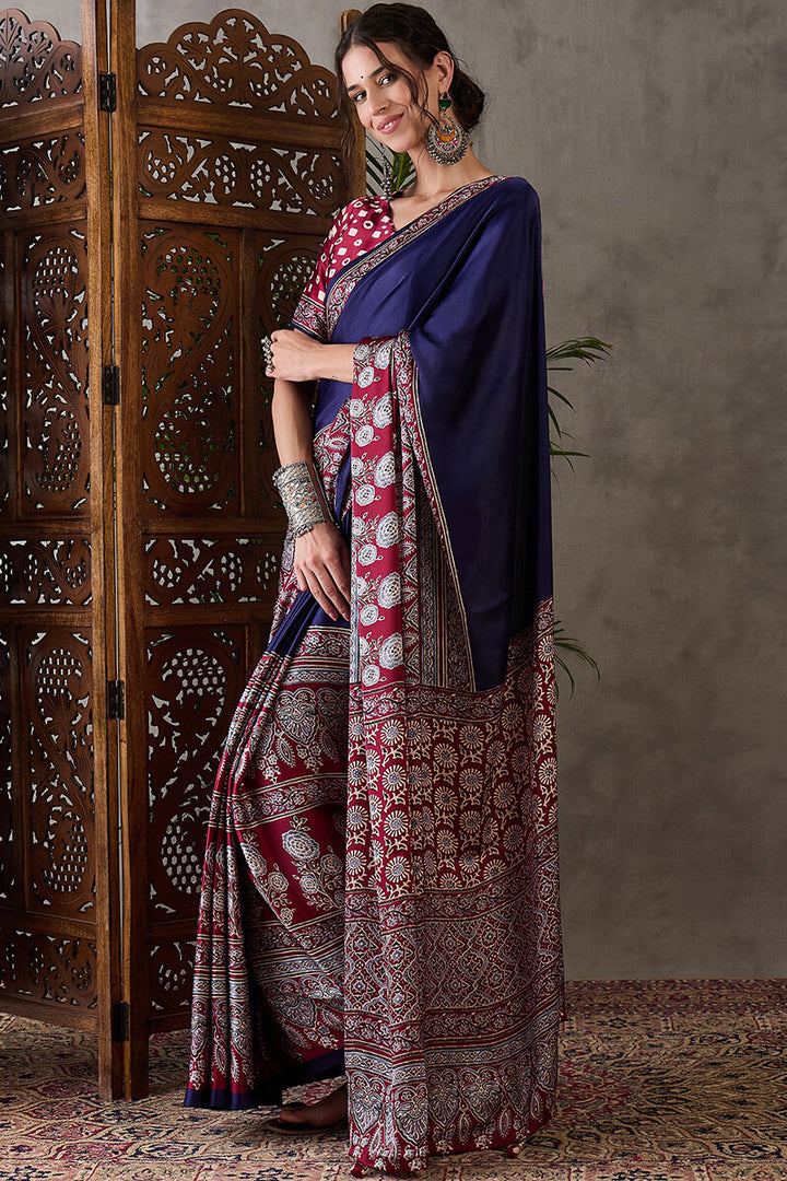 Meteorite Blue Ajrakh Printed Satin Silk Saree