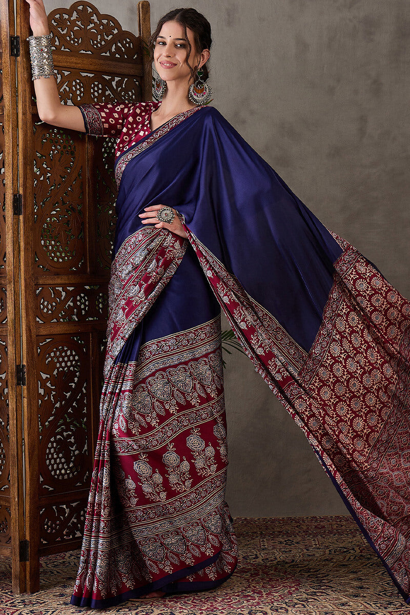 Meteorite Blue Ajrakh Printed Satin Silk Saree