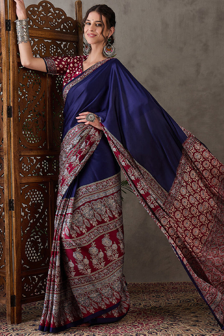 Meteorite Blue Ajrakh Printed Satin Silk Saree
