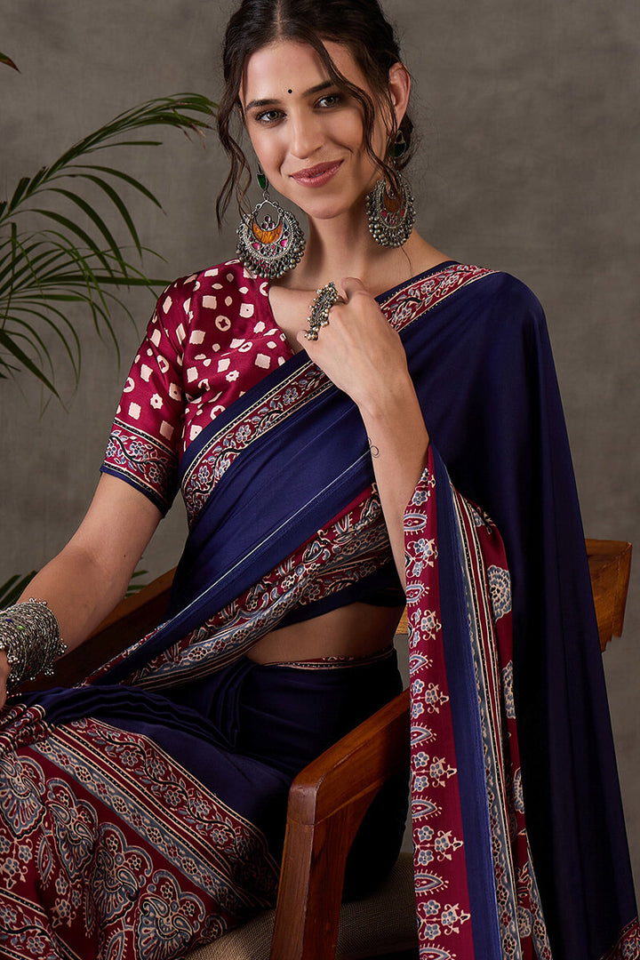 Meteorite Blue Ajrakh Printed Satin Silk Saree