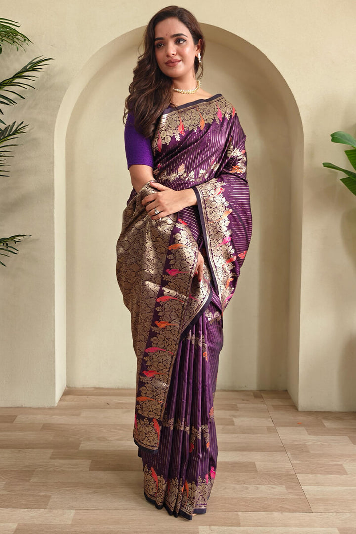 Meteorite Purple Zari Wiven Banarasi Satin Silk Saree