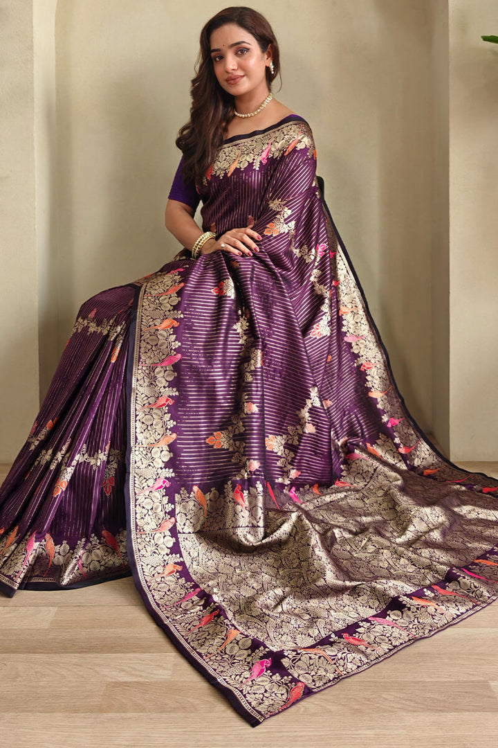 Meteorite Purple Zari Wiven Banarasi Satin Silk Saree
