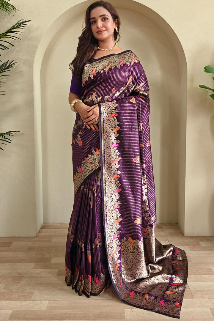Meteorite Purple Zari Wiven Banarasi Satin Silk Saree