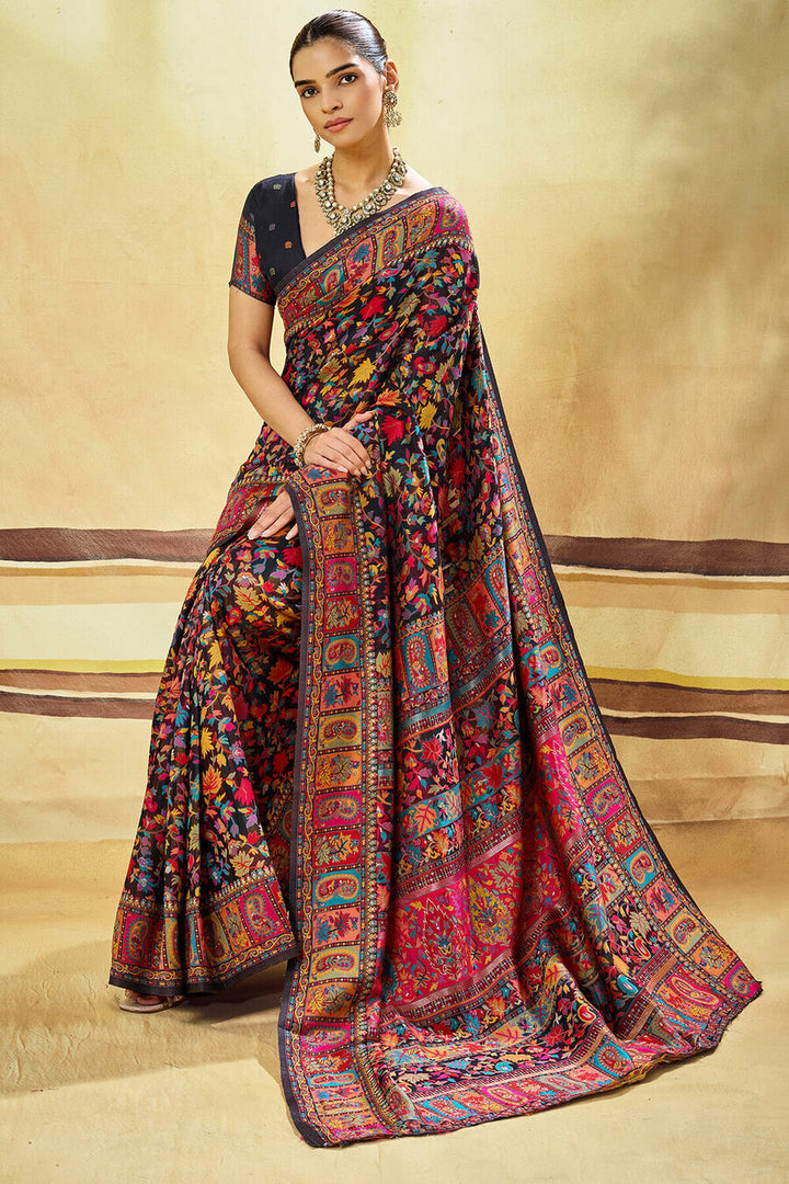 Midnight Black Kashmiri Modal Pashmina Silk Saree