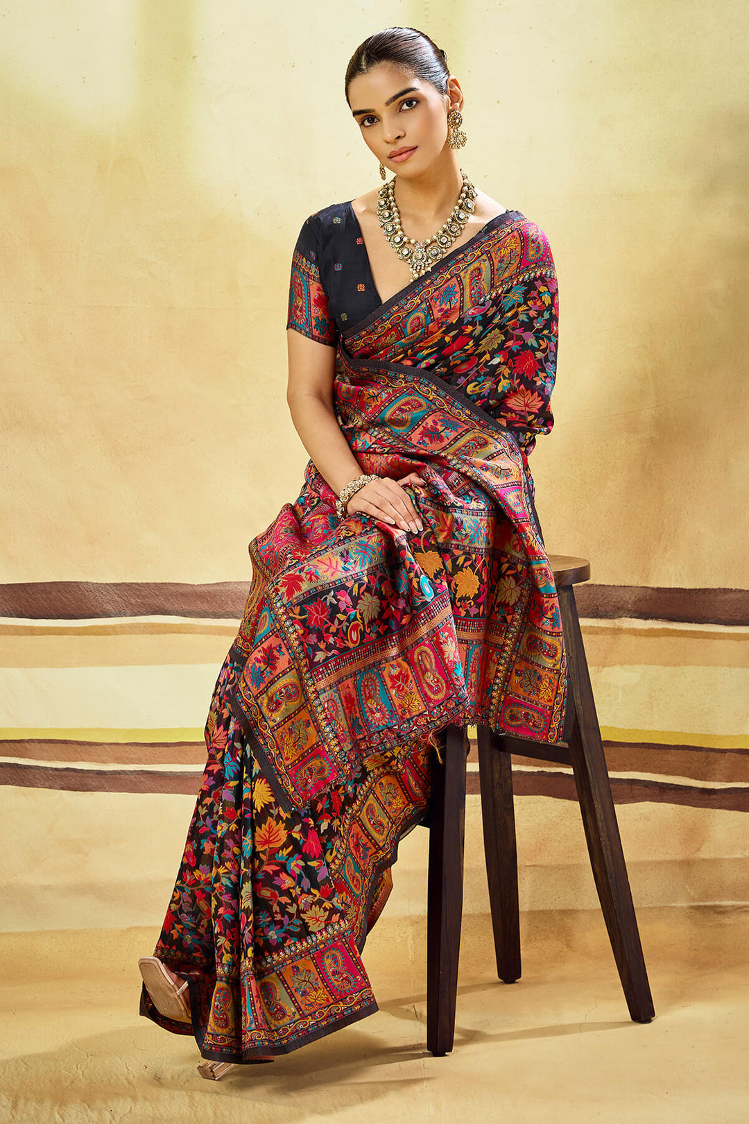 Midnight Black Kashmiri Modal Pashmina Silk Saree