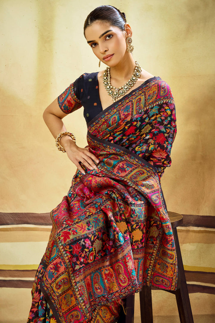 Midnight Black Kashmiri Modal Pashmina Silk Saree
