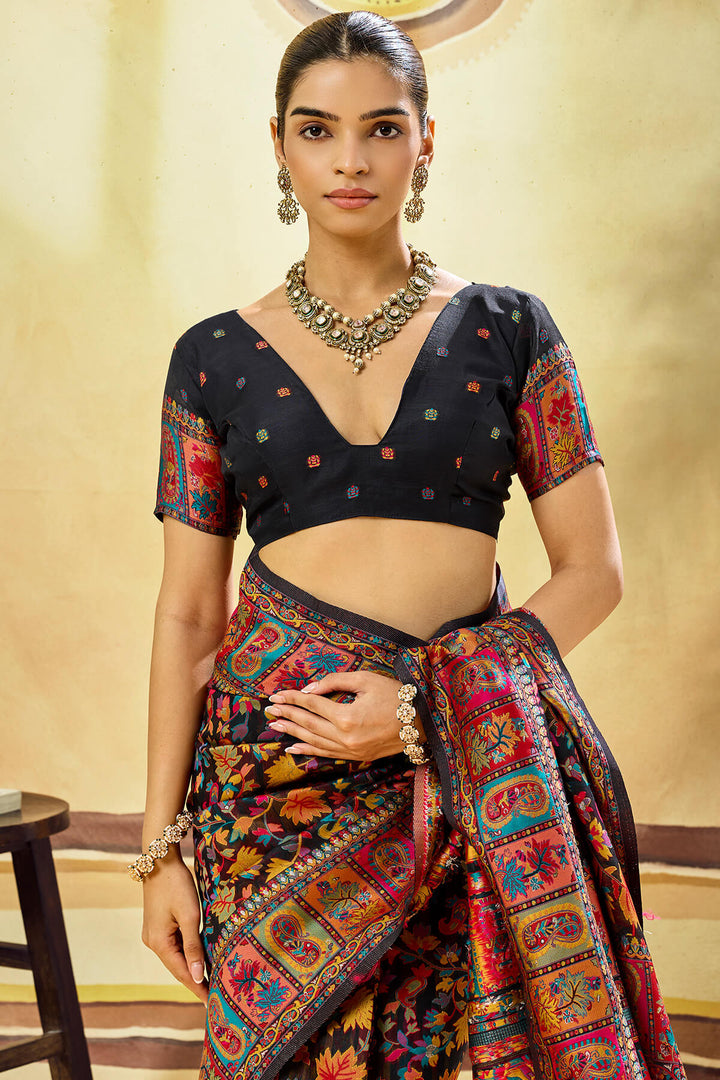 Midnight Black Kashmiri Modal Pashmina Silk Saree