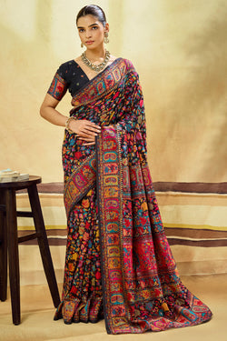 Midnight Black Kashmiri Modal Pashmina Silk Saree