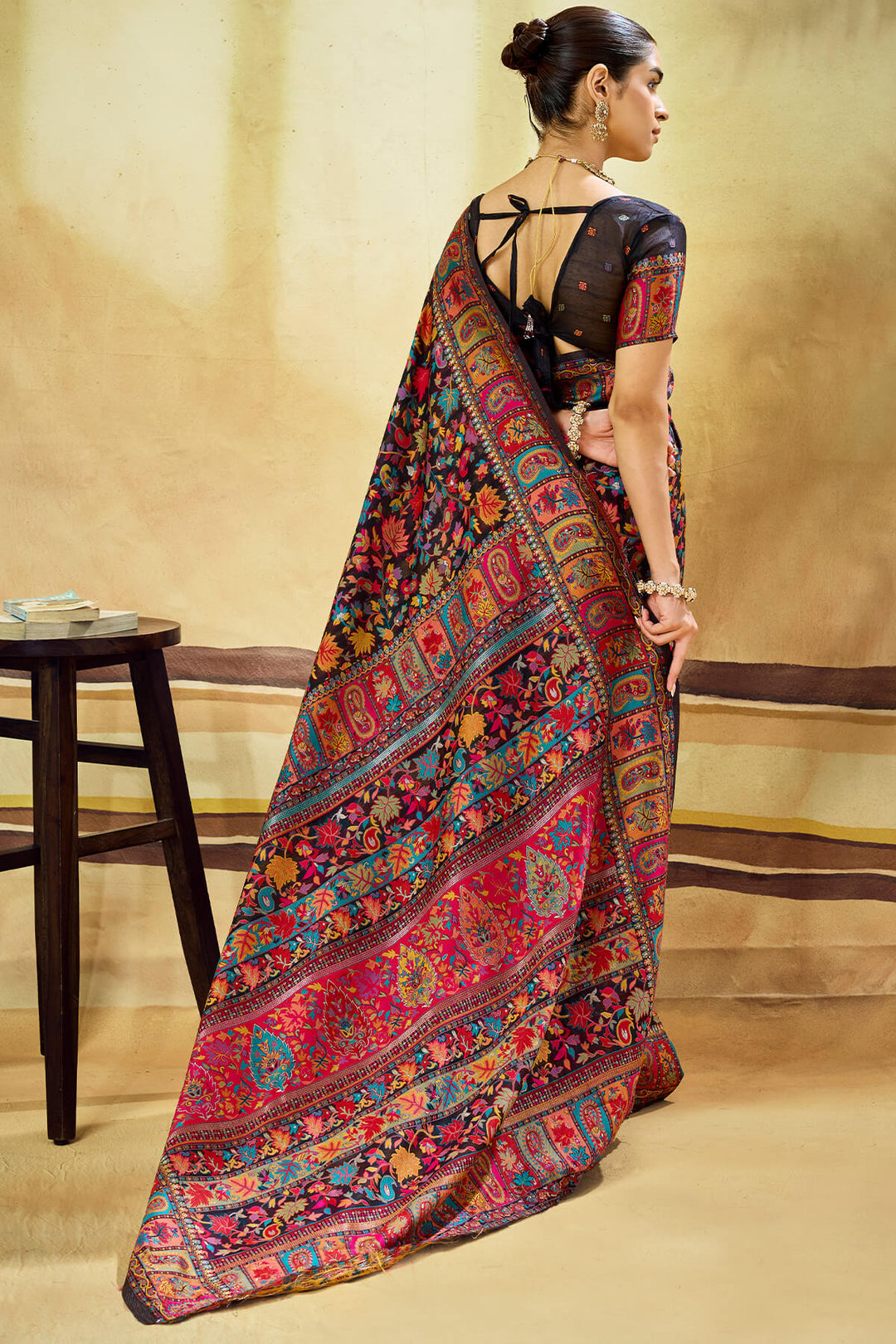 Midnight Black Kashmiri Modal Pashmina Silk Saree