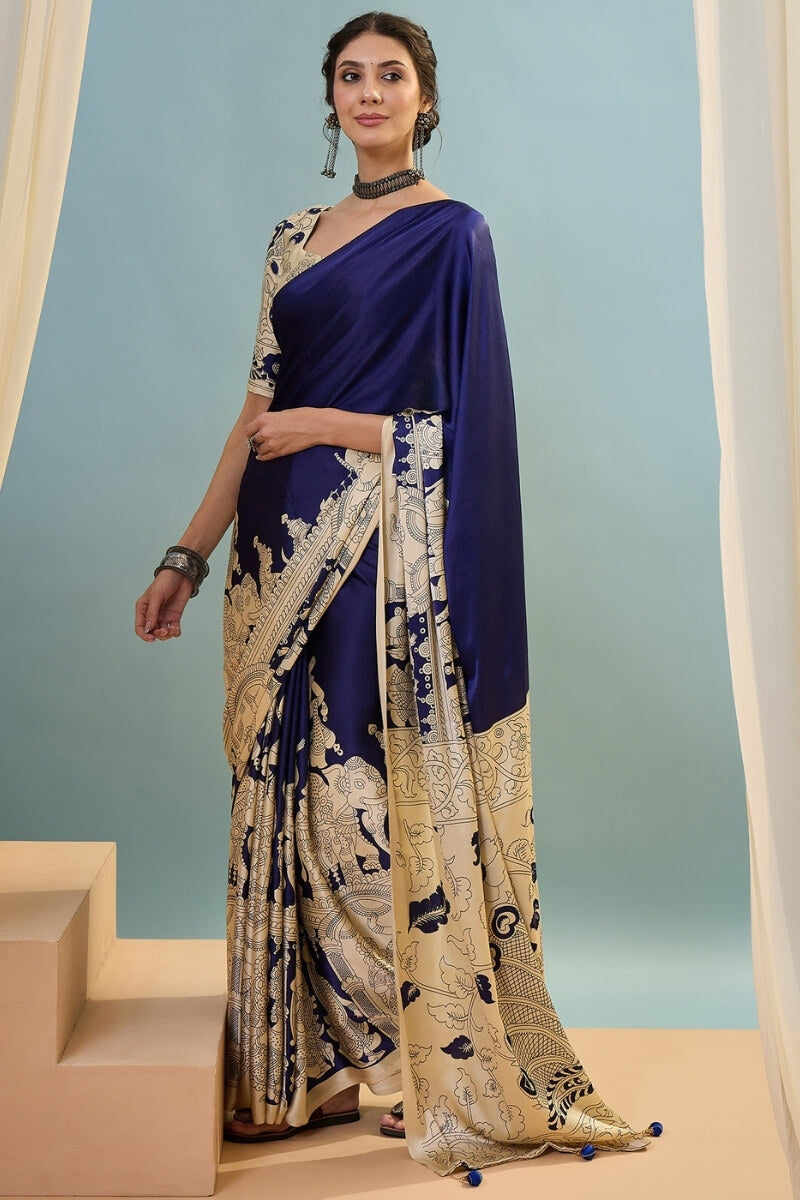 Midnight Blue Ajrakh Printed Satin Silk Saree