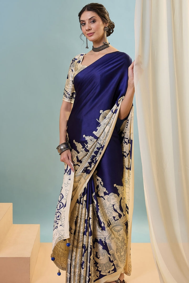 Midnight Blue Ajrakh Printed Satin Silk Saree