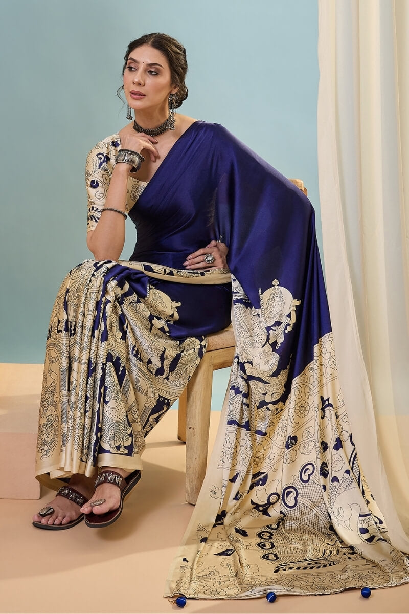 Midnight Blue Ajrakh Printed Satin Silk Saree