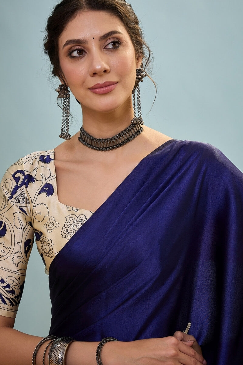 Midnight Blue Ajrakh Printed Satin Silk Saree