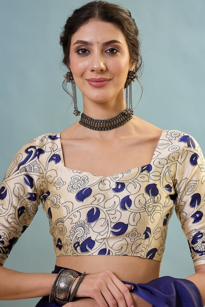 Midnight Blue Ajrakh Printed Satin Silk Saree