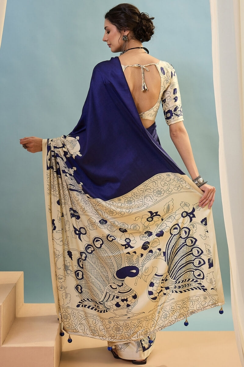 Midnight Blue Ajrakh Printed Satin Silk Saree