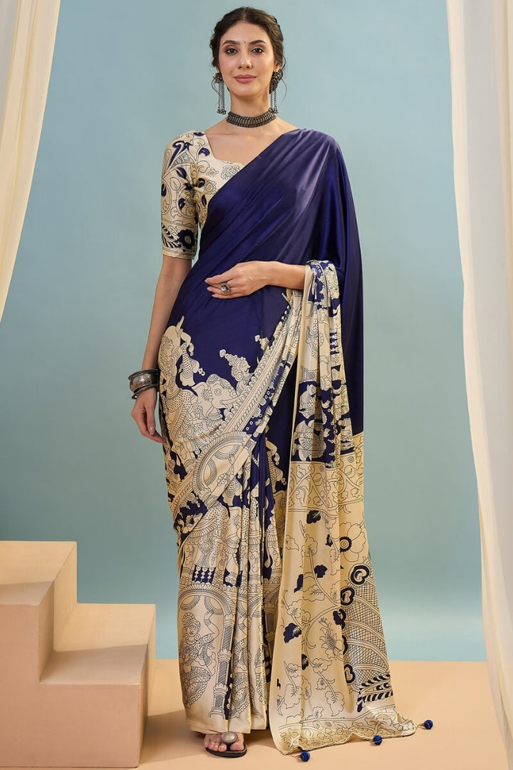 Midnight Blue Ajrakh Printed Satin Silk Saree