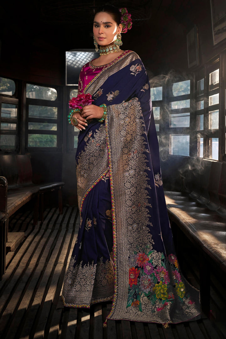 Midnight Blue Soft Dola Viscose Saree With Embroidery Blouse Piece