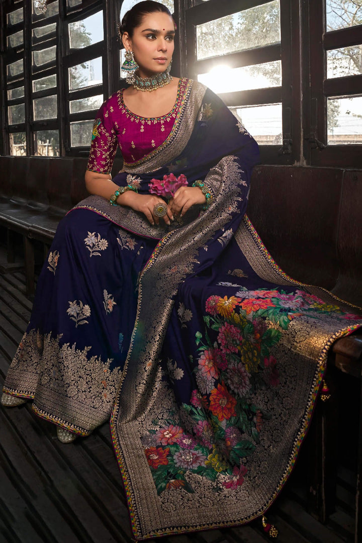 Midnight Blue Soft Dola Viscose Saree With Embroidery Blouse Piece
