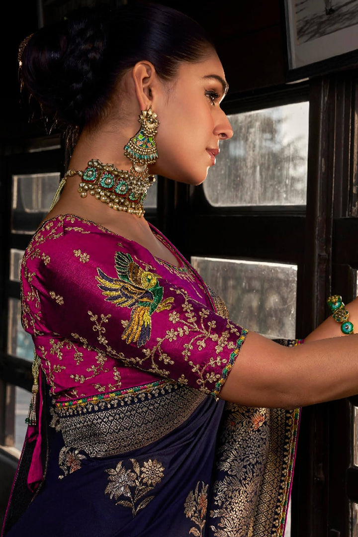 Midnight Blue Soft Dola Viscose Saree With Embroidery Blouse Piece