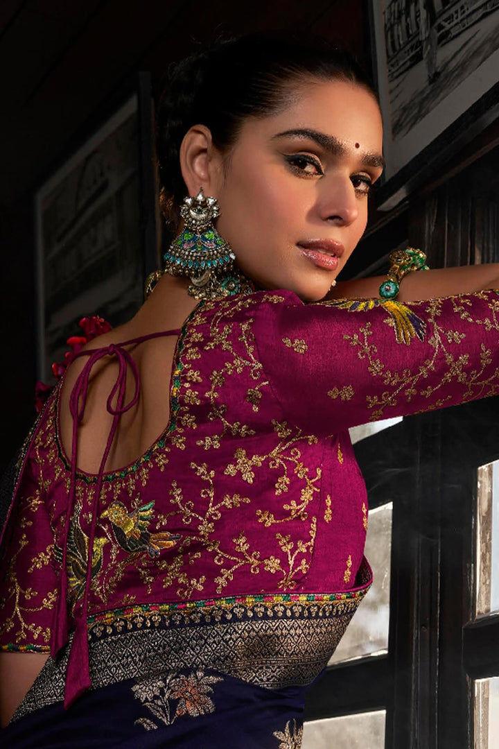 Midnight Blue Soft Dola Viscose Saree With Embroidery Blouse Piece