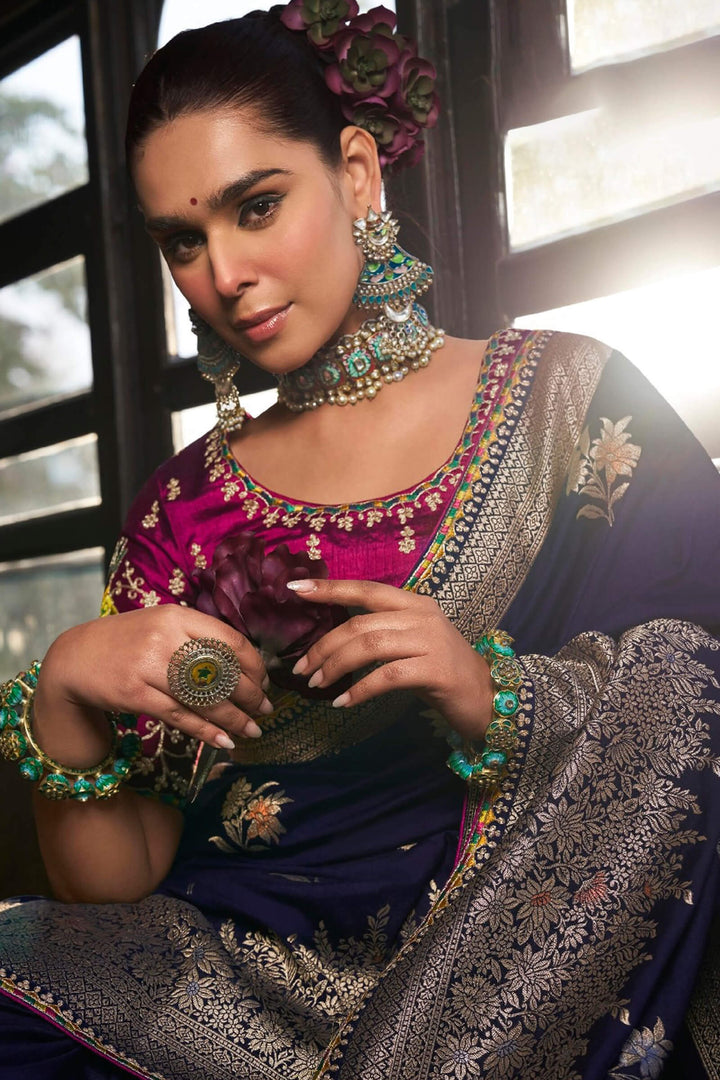 Midnight Blue Soft Dola Viscose Saree With Embroidery Blouse Piece