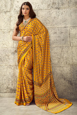 Mikado Yellow Ajrakh Printed Semi Modal Satin Silk Saree