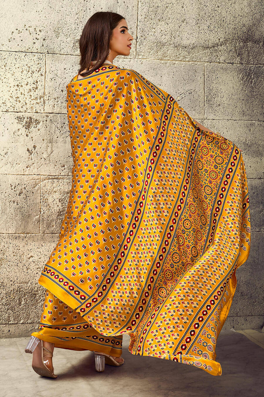 Mikado Yellow Ajrakh Printed Semi Modal Satin Silk Saree