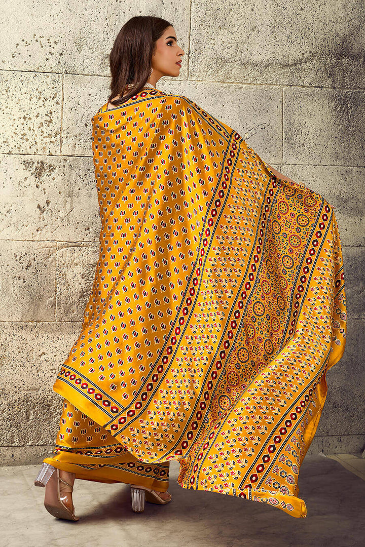 Mikado Yellow Ajrakh Printed Semi Modal Satin Silk Saree