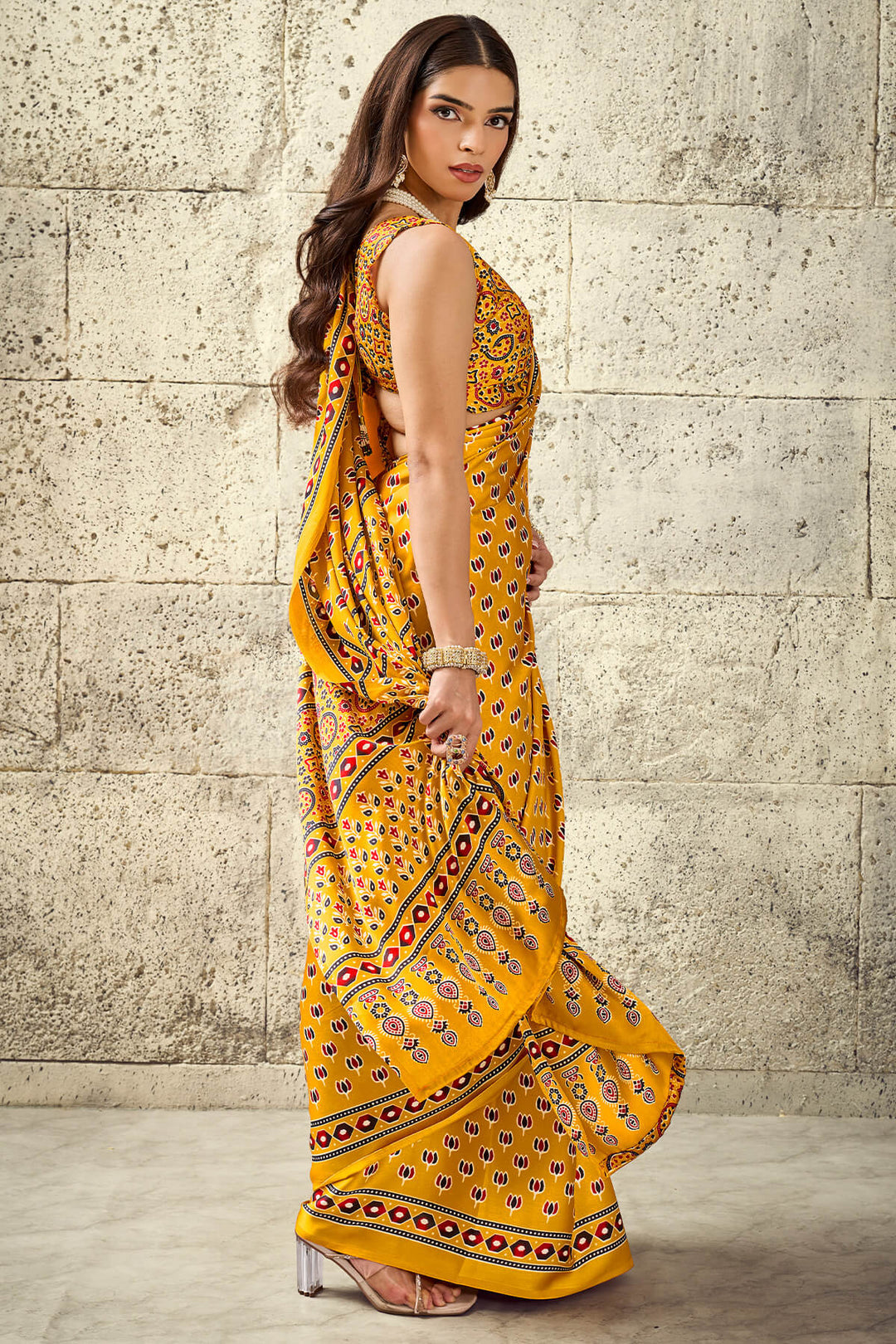 Mikado Yellow Ajrakh Printed Semi Modal Satin Silk Saree