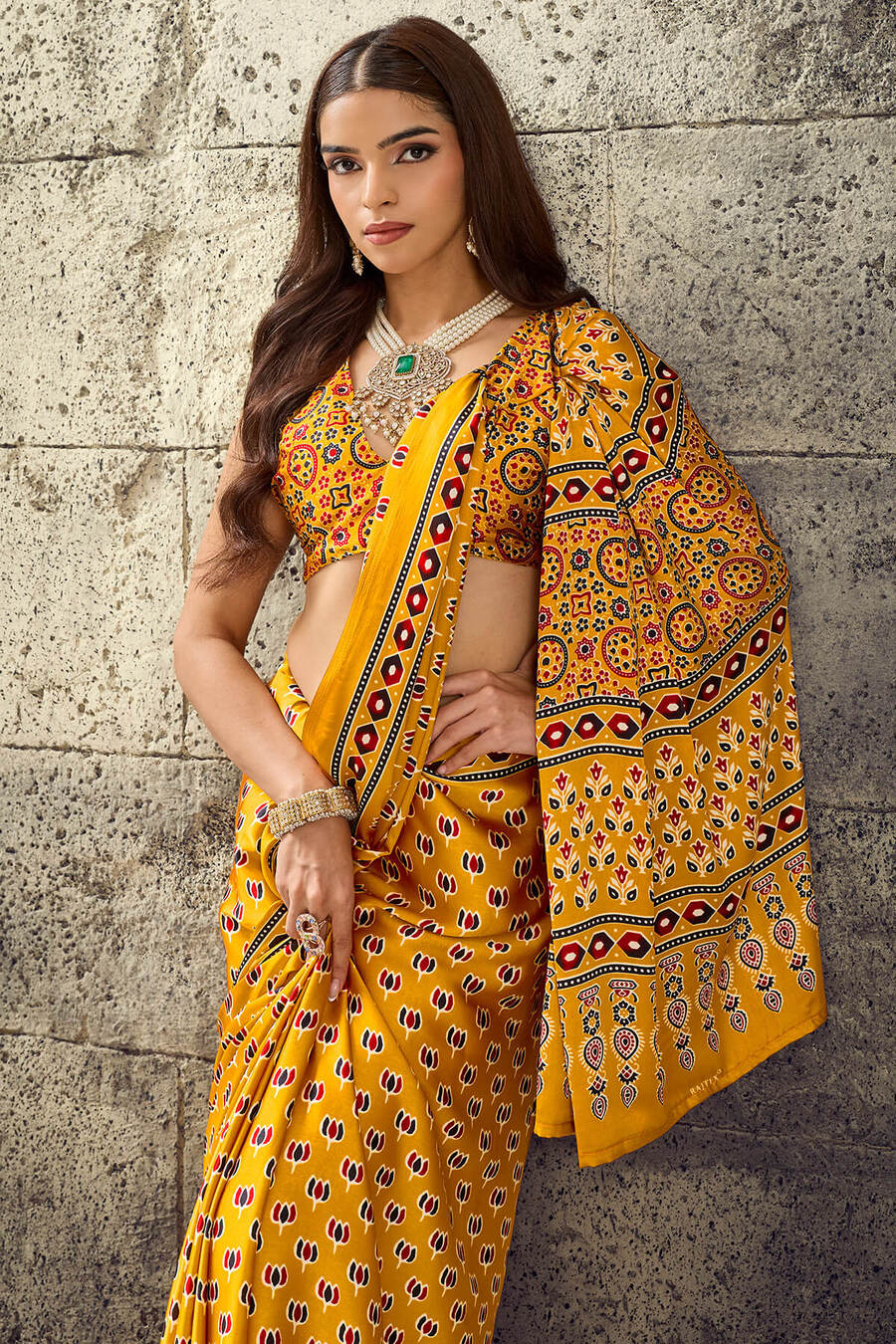 Mikado Yellow Ajrakh Printed Semi Modal Satin Silk Saree