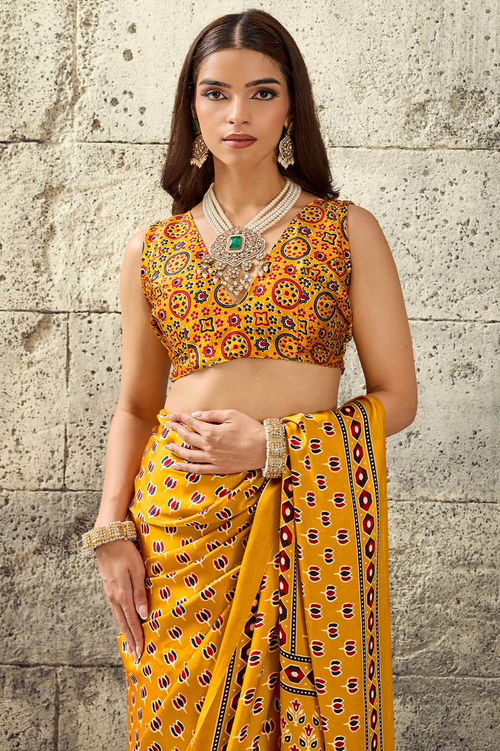 Mikado Yellow Ajrakh Printed Semi Modal Satin Silk Saree