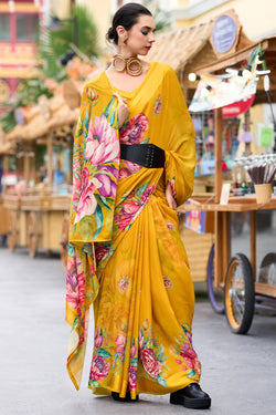 Mikado Yellow Printed Georgette Silk Saree