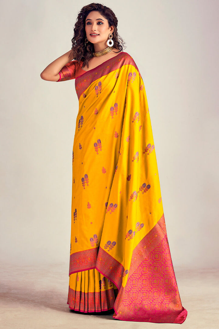 Mikado Yellow Soft Banarasi Silk Saree