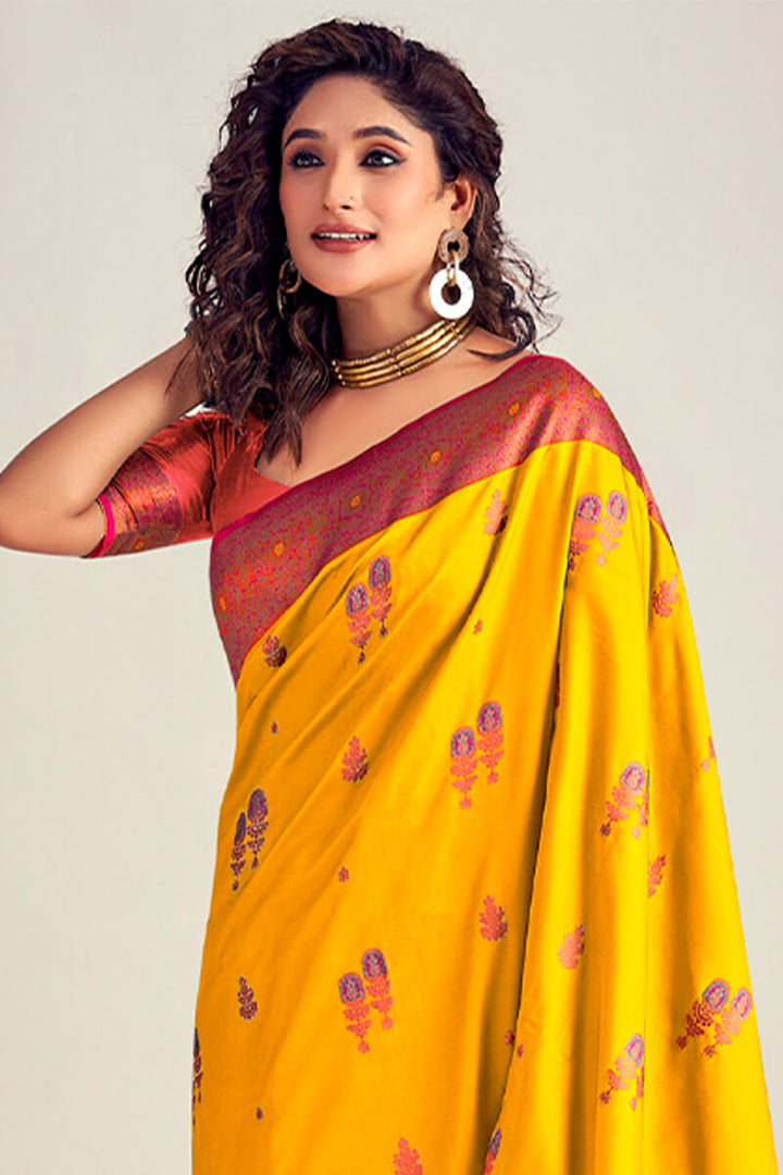 Mikado Yellow Soft Banarasi Silk Saree