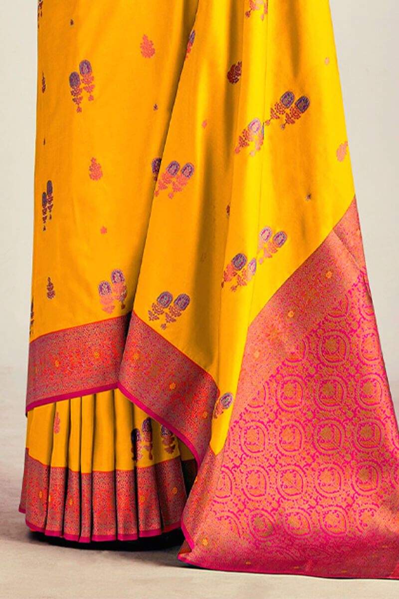 Mikado Yellow Soft Banarasi Silk Saree