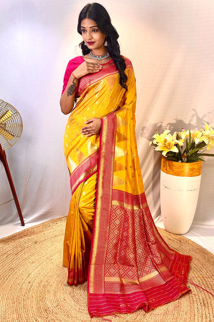 Mikado Yellow Zari Woven Banarasi Silk Saree