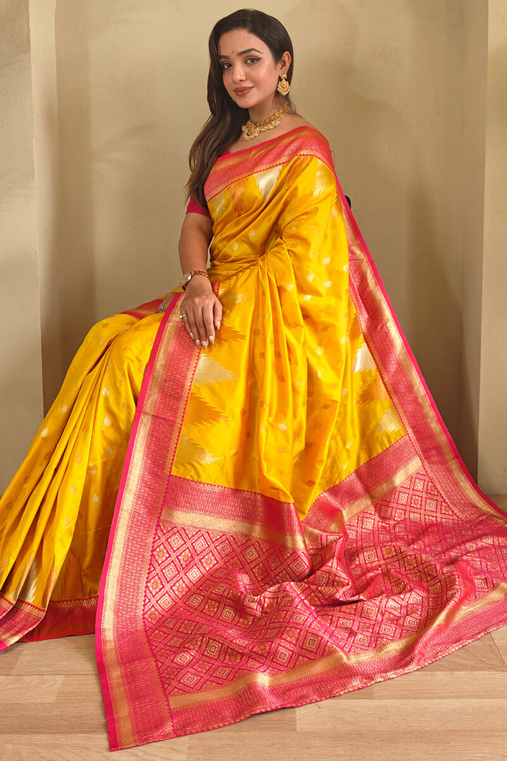Mikado Yellow Zari Woven Banarasi Silk Saree