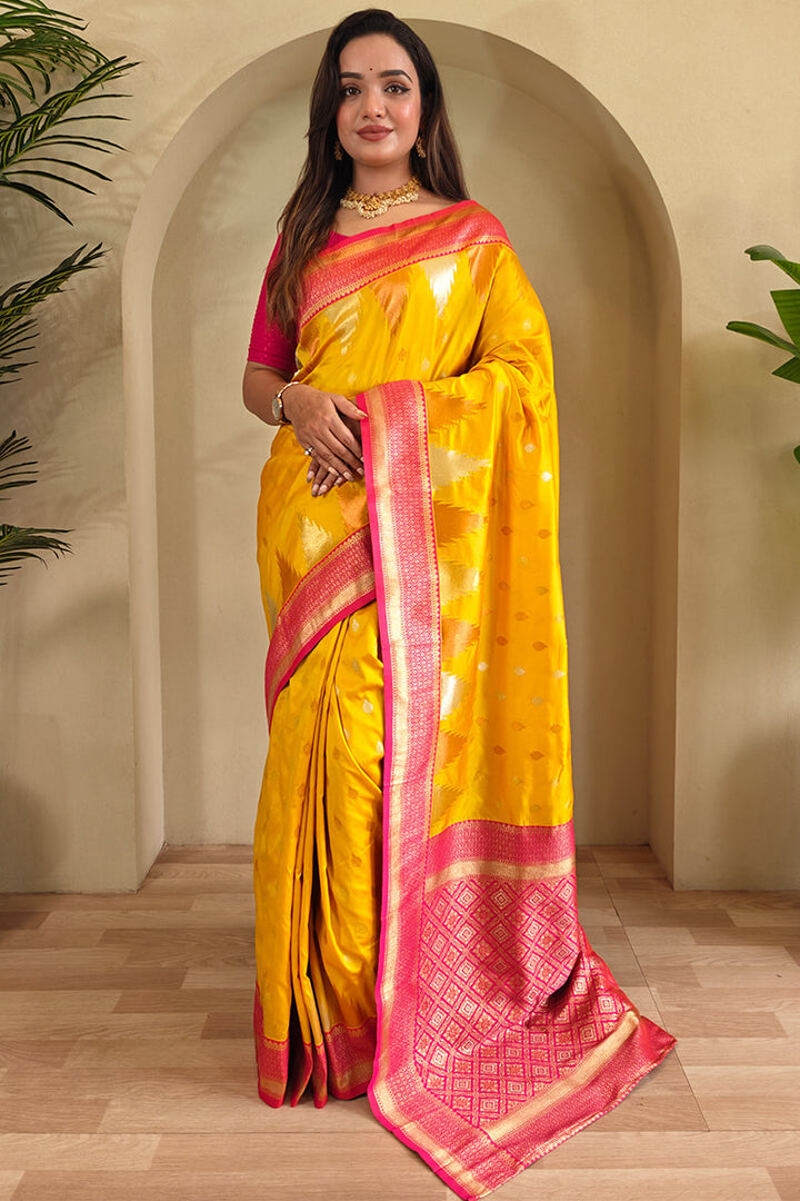 Mikado Yellow Zari Woven Banarasi Silk Saree
