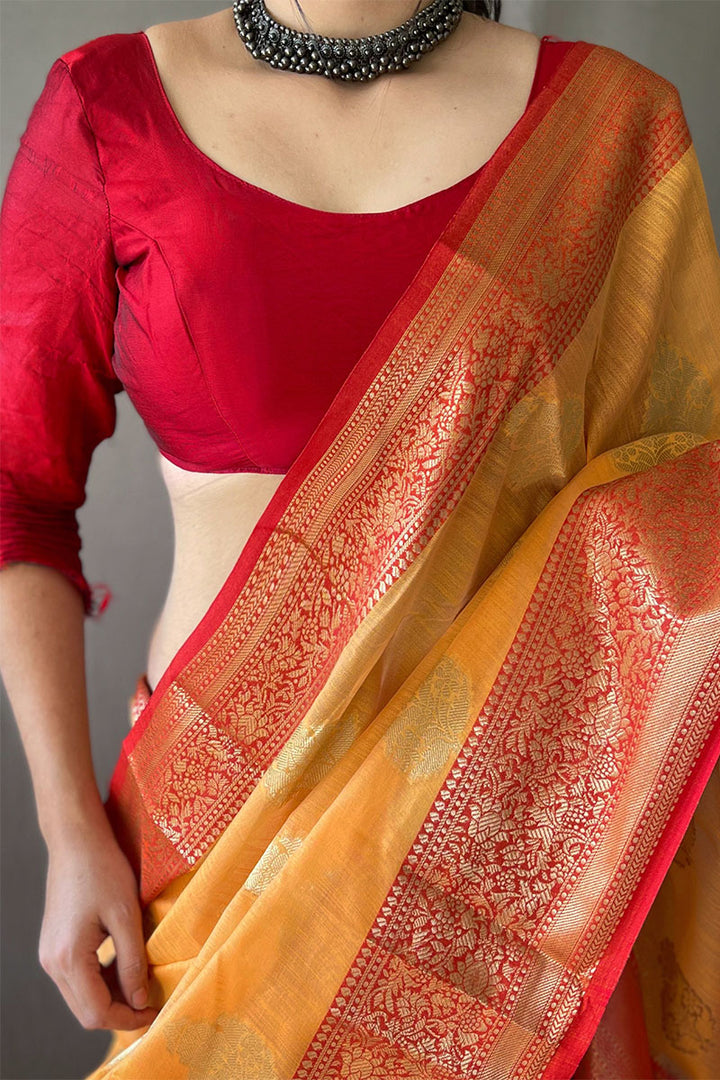 Mikado Yellow Zari Woven Linen Silk Saree