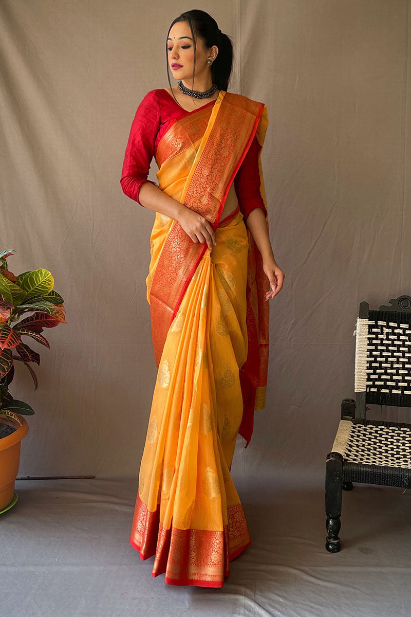 Mikado Yellow Zari Woven Linen Silk Saree