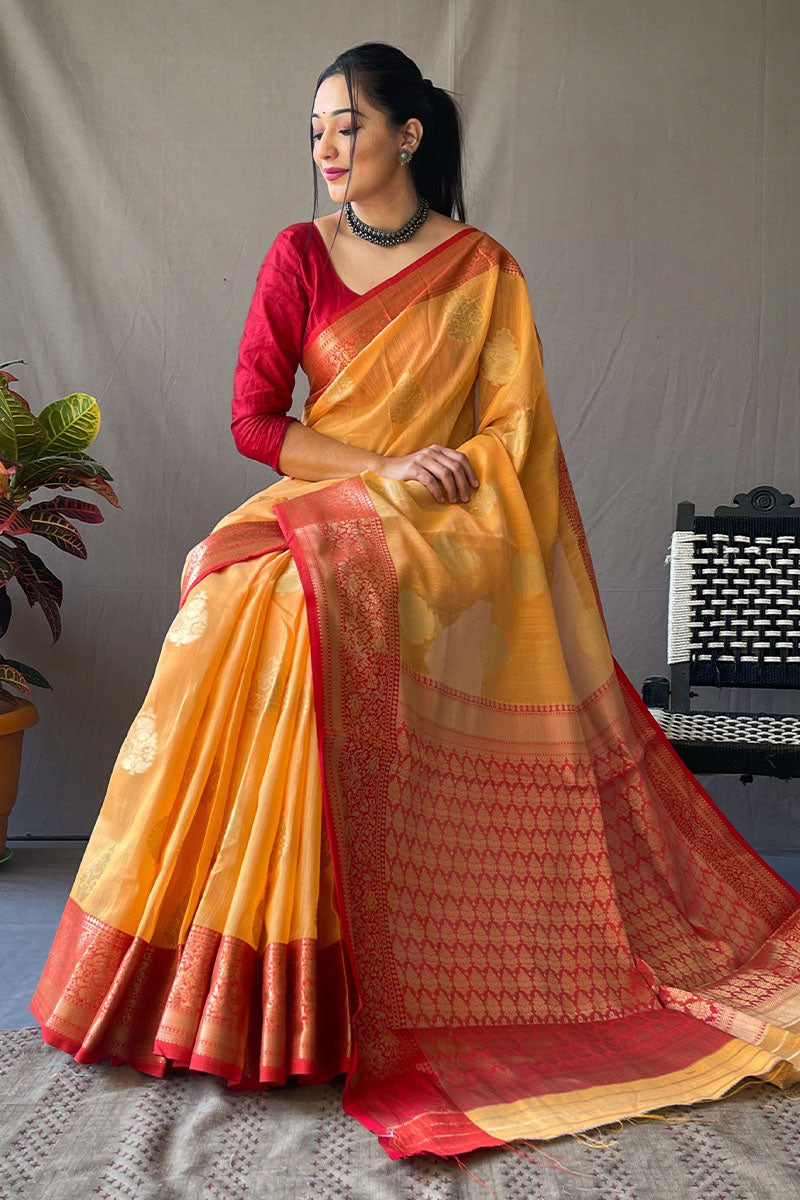 Mikado Yellow Zari Woven Linen Silk Saree