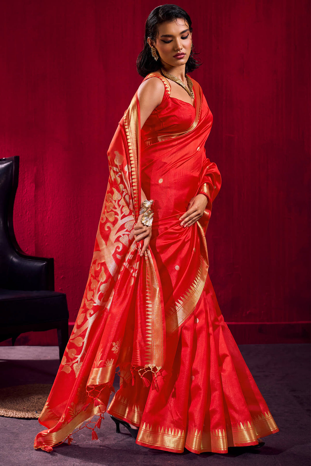 Milano Red Banarasi Satin Linen Silk Saree