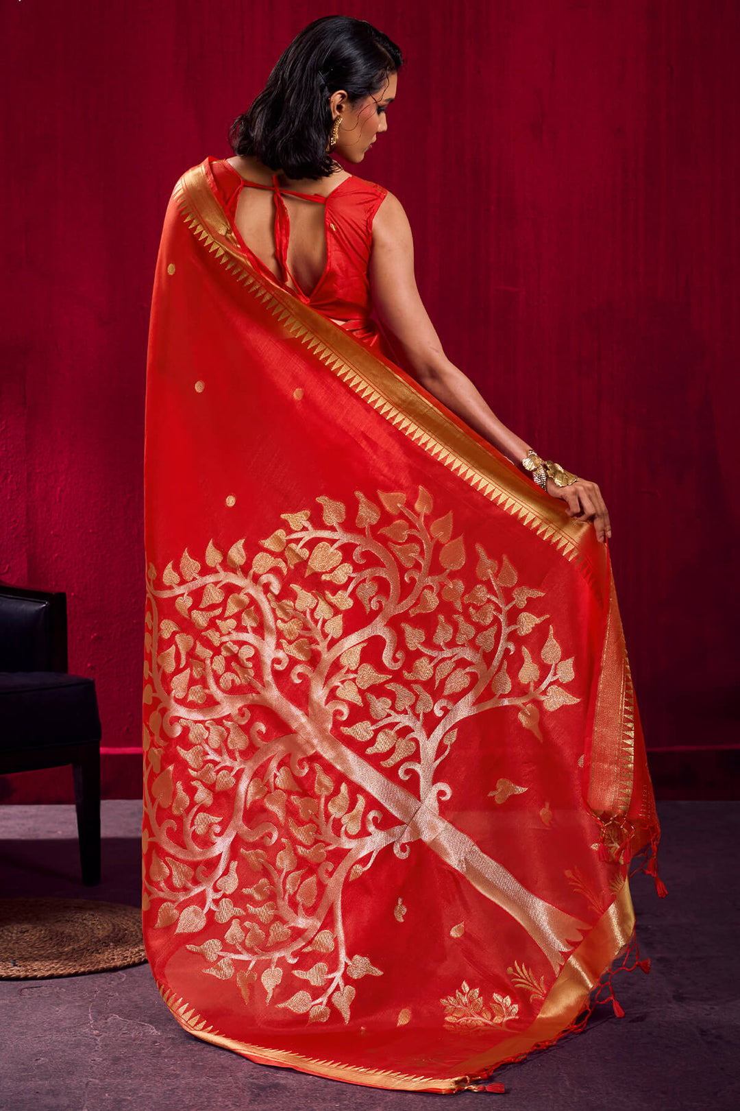 Milano Red Banarasi Satin Linen Silk Saree