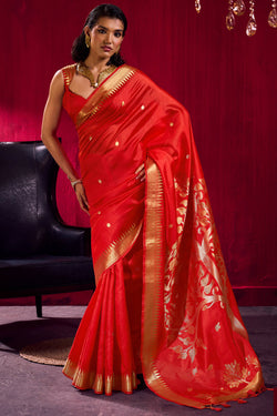 Milano Red Banarasi Satin Linen Silk Saree