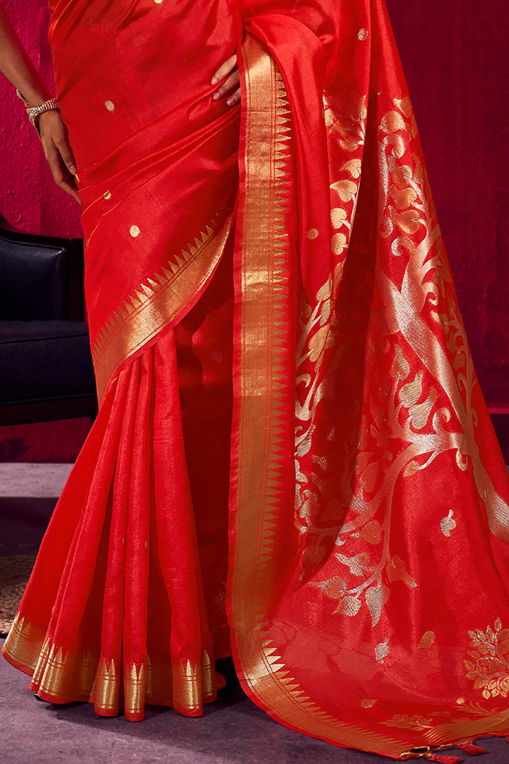 Milano Red Banarasi Satin Linen Silk Saree