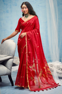 Milano Red Zari Woven Munga Cotton Saree